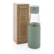 Ukiyo glass hydration tracking bottle with sleeve